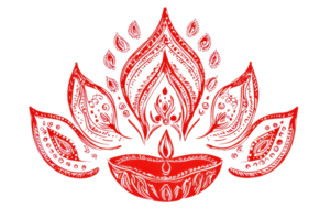 Intricate red Diwali lamp design with lotus petals, symbolizing light and prosperity, ideal for festive decor and cultural celebrations. png