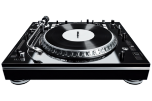 High-quality image of a vintage vinyl record player with turntable showcasing retro music equipment. Perfect for audio hobbyists and DJs. png