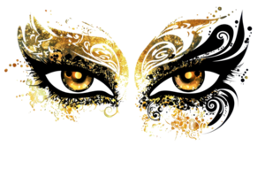 Intricate golden masquerade mask with ornate patterns and enchanting eyes, conveying mystery and elegance, perfect for festive occasions. png
