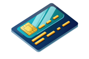 Illustration of a blue credit card with a gold chip, symbolizing modern banking, finance, and secure payment methods in digital transactions. png