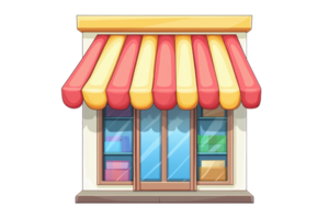 Illustrated storefront with colorful awning, inviting window display, perfect for representing shopping and retail themes in graphics. png