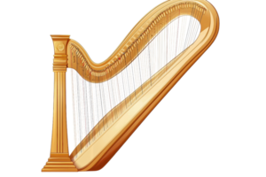 Illustration of a golden harp with intricate strings, showcasing elegance and musical artistry against a simple background. png