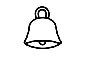 Minimalist black line art of a bell on a transparent background, symbolizing notification, alert, and reminder functionality. png