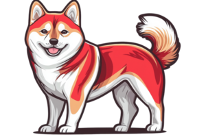 Illustration of a cheerful Shiba Inu with a fluffy tail, showcasing its distinct red and white markings and friendly expression. png