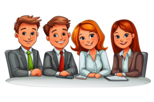 Illustration of a cheerful business team of four sitting at a table, professionally dressed and smiling, ready for a meeting. png