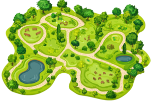 Illustrated aerial view of a vibrant park scene, featuring lush greenery, winding paths, and tranquil ponds for a relaxing outdoor experience. png