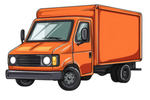 Illustration of a bright orange delivery truck, side view, isolated on a transparent background. showcasing modern design and utility for transport. png