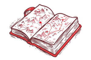 Illustrated red book with floral patterns, open pages, showcasing intricate design elements, ideal for artistic and educational projects. png