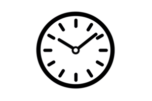 Minimalist black clock icon on transparent background, symbolizing time management and punctuality in a simple line art style. png