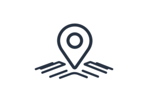 Minimalist black and white location pin icon on a transparent background, representing navigation and geographic positioning. png