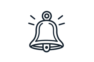 Minimalistic black outline illustration of a single bell symbol with decorative lines, isolated on a transparent background. png