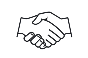 Minimalist illustration of a handshake symbolizing partnership, agreement, or cooperation, outlined in a simple black line drawing. png