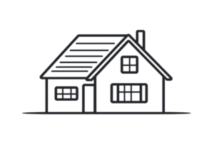 Minimalist black and white line drawing of a house with clean architectural lines, featuring windows and a garage. Perfect for design concepts. png