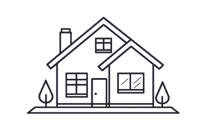 Minimalist outline of a house with triangular roof, windows, door, and trees. Ideal for real estate, architecture, or home design concepts. png