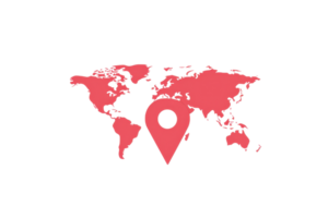 Minimalist world map illustration in red with a location pin, symbolizing global connectivity and navigation. png
