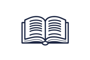 Minimalist illustration of an open book with lines, symbolizing knowledge, learning, literature, and education against a transparent background. png