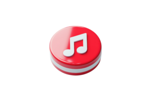 Red glossy music button with a white note symbol on it. Perfect for music app icons, media player interfaces, and audio-related designs. png
