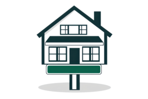 Minimalistic house icon with a signpost representing real estate concepts like home sale, property, and rent. Isolated on white. png