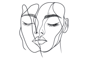Minimalist line art illustration of a human face with closed eyes, showcasing elegant simplicity and abstract modern art style. png