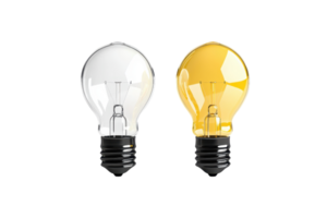 Side by side comparison of a traditional clear light bulb and a modern amber LED bulb, showcasing energy efficiency and design contrast. png