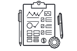 Minimalist black and white illustration of a clipboard with charts, graphs, and pens, ideal for business or educational use. png