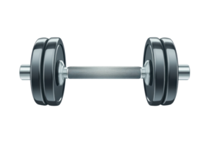 Single gray dumbbell with sleek metal design, isolated on transparent background. Perfect for fitness, strength training, and gym concepts. png
