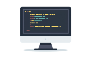 Modern computer screen displaying colorful code lines, ideal for programming, web development, and coding projects. png