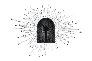 Mysterious keyhole silhouette with radiating lines, symbolizing secrecy and discovery. Perfect for themes of mystery, security, and exploration. png