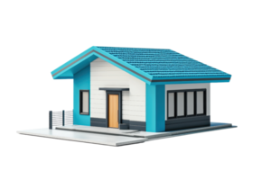 Modern small house with blue roof and white siding, featuring a cozy porch and large windows, isolated on transparent background. Ideal for projects. png