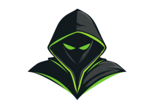 Mysterious hooded figure with glowing green eyes in dark cloak, embodying enigma, secrecy, and intrigue in a minimalist graphic style. png