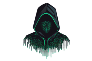 Mysterious digital figure in a hooded cloak with a heart-shaped matrix face, symbolizing cyber security and digital anonymity. png