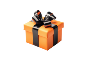 Orange gift box with a black ribbon bow, perfect for festive celebrations, holidays, or special occasions. Isolated on transparent background. png