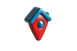 Red and blue 3D navigation pin icon resembling a house, representing location and direction in digital maps, isolated on transparent background. png