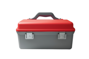 Red and grey toolbox with handle and secure latches, perfect for organizing tools and equipment. Ideal for home, garage, or professional use. png
