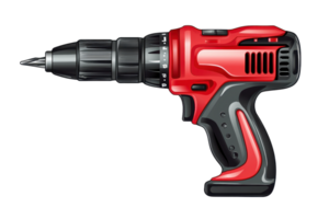 Red and black cordless electric drill with ergonomic handle, perfect for home improvement, DIY projects, and professional construction work. png