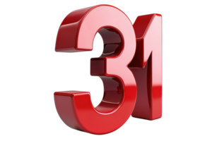 Red 3D number 31 isolated on a transparent background. Suitable for birthday, anniversary, or calendar design concepts. png