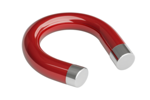 Red U-shaped magnet with metallic ends isolated on transparent background. symbolizing attraction and magnetism, ideal for educational concepts. png