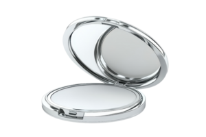 Shiny silver compact mirror open with a smooth reflective surface, perfect for makeup touch-ups and travel use on a clean transparent background. png
