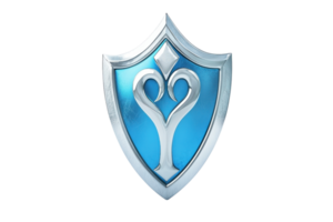 Shiny blue and silver shield emblem with heart motif design, standing for protection and love, isolated on a transparent background. png