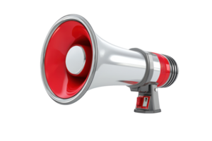 Shiny red and white megaphone isolated on transparent background. symbol of communication, announcement, and promotion. png