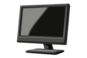 Sleek black computer monitor with a glossy screen on a simple stand, isolated on a transparent background. ideal for technology and workspace themes. png
