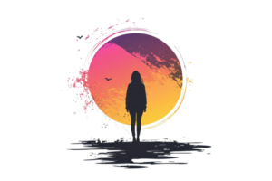Silhouette of a person standing against a vibrant, artistic sunset, evoking feelings of wanderlust, freedom, and tranquility. png