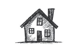 Simple hand-drawn sketch of a house, featuring basic architectural elements like windows, roof, and chimney, isolated on a transparent background. png