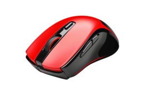 Sleek red and black wireless computer mouse isolated on a transparent background. ideal for modern workspaces and gaming setups. png