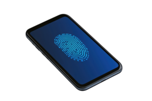 Smartphone with digital fingerprint scanning display on blue background, representing security and biometric technology. png