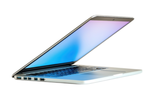 Sleek modern laptop with a partially open screen displaying a gradient. Ideal for technology, business, or creative work settings. png