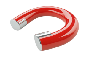 Red horseshoe magnet with silver tips, isolated on transparent background. demonstrating the concept of attraction and magnetic force in physics. png