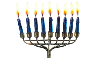 Lit menorah with nine blue candles and a silver base, symbolizing the Jewish holiday of Hanukkah, isolated on a transparent background. png