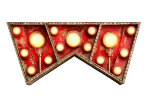 Retro marquee letter 'W' with illuminated light bulbs and distressed red background. Perfect for vintage signage and artistic decor projects. png