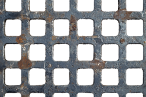 Rustic metal grate with square openings, weathered and worn, showcasing an industrial texture ideal for backgrounds or design elements. png